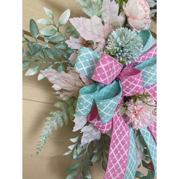 Pink & Mint Green Fall Grapevine Wreath Velvet Pumpkin, Roses, Bow Elegant Decor - Picture 4 of 9